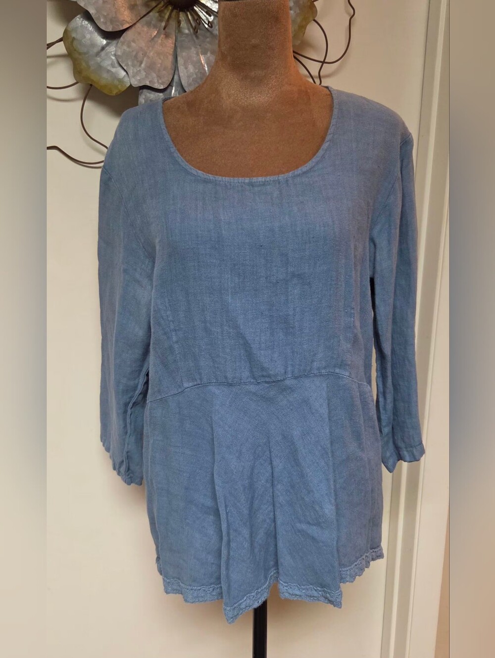 Casual Scoop Neck Blue Linen Blouse